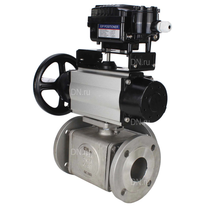 Кран шаровой BV3232P(4pc)-FP-3WL-F Ду100 Ру16 полнопроходной трехходовой, фланцевый, корпус - нержавеющая сталь SS316, с пневмоприводом PA-DA-105-1 двойного действия и пневмопозиционером YT-1000RSN без обратной связи в Барнауле