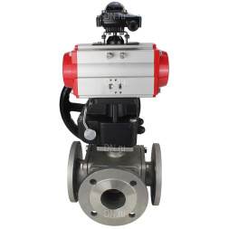 Кран шаровой BV3232P(4pc)-FP-3WL-F Ду25 Ру16 полнопроходной трехходовой, фланцевый, корпус - нержавеющая сталь SS316, с пневмоприводом PA-DA-052 двойного действия, БКВ APL-210N и ручным дублером MON1-250-T26-ISO