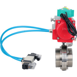 Затвор дисковый поворотный WBV3131S-2W-T-H Ду80 Ру10 резьбовой, пищевая нержавеющая сталь 304, уплотнение - Silicon, с пневмоприводом PA-DA-052, пневмораспределителем 4V320-08 AC220V и магнитным переключателем ALS200D