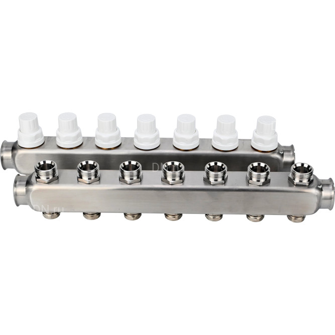 Коллекторная группа GC3-31-7 1″ Ду25 Ру10 отводов — 7, в сборе с терморегулирующими клапанами и запорно-балансировочными клапанами, без переходников, корпус - нержавеющая сталь AISI 304 в Барнауле