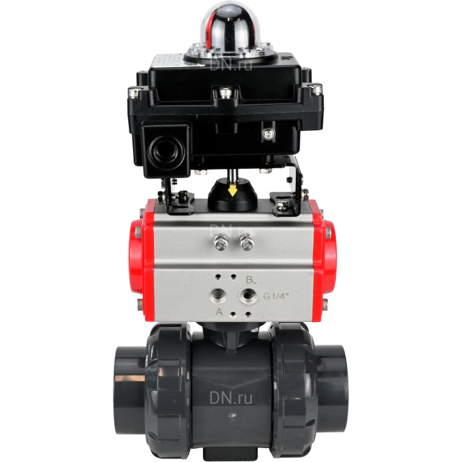 Кран шаровой BV4242E-FP-GRM-ISO Дн80 Ру10 полнопроходной, корпус - НПВХ, шар - НПВХ, уплотнение - EPDM, с пневмоприводом PA-DA-065 и БКВ APL-410N EX в Барнауле