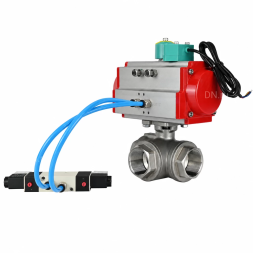 Кран шаровой BV3232P(4pc)-SP-3WL-T-ISO-H WDVF Ду40 Ру63 стандартнопроходной, 3-ходовой L-тип, внутренняя резьба, нержавеющая сталь AISI 316, с пневмоприводом PA-DA-083, пневмораспределителем 4V320-08 AC220V и магнитным переключателем ALS200D