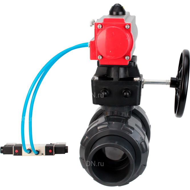Кран шаровой BV4242E-FP-GRM-ISO Дн100 Ру10 полнопроходной, корпус - НПВХ, шар - НПВХ, уплотнение - EPDM, с пневмоприводом PA-DA-065, пневмораспределителем 4V320-08 AC220V и ручным дублером MON1-250-T26-ISO в Барнауле