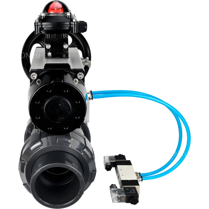 Кран шаровой BV4242E-FP-GRM-ISO Дн65 Ру10 полнопроходной, корпус - НПВХ, шар - НПВХ, уплотнение - EPDM, с пневмоприводом PA-DA-105-1, пневмораспределителем 4V320-10 AC220V и БКВ APL-210N в Барнауле