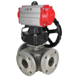 Кран шаровой BV3232P(4pc)-FP-3WL-F Ду100 Ру16 полнопроходной трехходовой, фланцевый, корпус - нержавеющая сталь SS316, с пневмоприводом PA-DA-105 двойного действия и ручным дублером MON3-700-T38-ISO