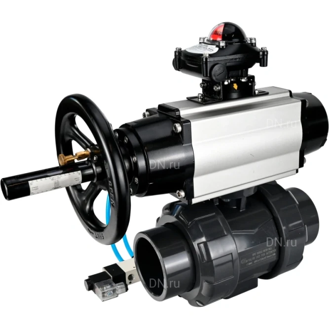 Кран шаровой BV4242E-FP-GRM-ISO Дн80 Ру10 полнопроходной, корпус - НПВХ, шар - НПВХ, уплотнение - EPDM, с пневмоприводом PA-DA-105-1, пневмораспределителем 4V320-10 AC220V и БКВ APL-210N в Барнауле