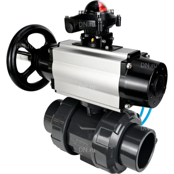 Кран шаровой BV4242E-FP-GRM-ISO Дн80 Ру10 полнопроходной, корпус - НПВХ, шар - НПВХ, уплотнение - EPDM, с пневмоприводом PA-DA-105-1, пневмораспределителем 4V320-10 AC220V и БКВ APL-210N в Барнауле