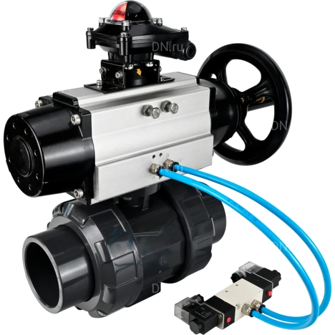 Кран шаровой BV4242E-FP-GRM-ISO Дн80 Ру10 полнопроходной, корпус - НПВХ, шар - НПВХ, уплотнение - EPDM, с пневмоприводом PA-DA-105-1, пневмораспределителем 4V320-10 AC220V и БКВ APL-210N в Барнауле