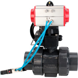 Кран шаровой BV4242E-FP-GRM-ISO Дн20 Ру10 полнопроходной, корпус - НПВХ, шар - НПВХ, уплотнение - EPDM, с пневмоприводом PA-DA-052, пневмораспределителем 4V320-10 AC220V и ручным дублером MON1-250-T26-ISO