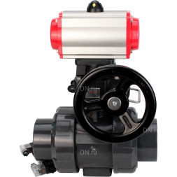 Кран шаровой BV4242E-FP-GRM-ISO Дн20 Ру10 полнопроходной, корпус - НПВХ, шар - НПВХ, уплотнение - EPDM, с пневмоприводом PA-DA-052, пневмораспределителем 4V320-10 AC220V и ручным дублером MON1-250-T26-ISO