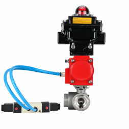 Кран шаровой BV3232P(4pc)-SP-3WT-T-ISO-H WDVF Ду25 Ру63 стандартнопроходной, 3-ходовой Т-тип, внутренняя резьба, нержавеющая сталь AISI 316, PTFE, с пневмоприводом PA-DA-065, пневмораспределителем 4V320-08 AC220V и БКВ APL-410N EX