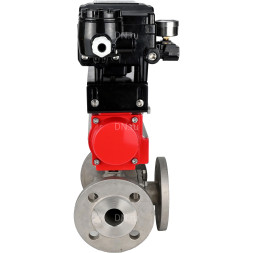 Кран шаровой BV3232P(4pc)-FP-3WL-F Ду15 Ру16 полнопроходной трехходовой, фланцевый, корпус - нержавеющая сталь SS316, с пневмоприводом PA-DA-052 двойного действия и пневмопозиционером YT-1000RSN с обратной связью
