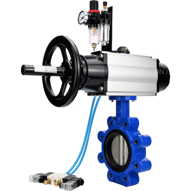 Затвор дисковый поворотный WBV1631E-2W-Fb-H Ду150 Ру16 LUG корпус - чугун QT450, диск - нержавеющая сталь 304, уплотнение - EPDM, с пневмоприводом PA-DA-105-1, пневмораспределителем 4V320-08 AC220V и БПВ AFC2000 в Барнауле