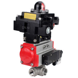 Кран шаровой BV3232P(4pc)-SP-3WL-T-ISO-H Ду25 Ру63 стандартнопроходной трехходовой L-тип, нержавеющая сталь SS316, внутренняя резьба, PTFE, пн.приводом PA-SA-052, пн.распределителем 4M310-08 AC220V и БКВ APL-410N EX