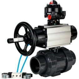Кран шаровой BV4242E-FP-GRM-ISO Дн20 Ру10 полнопроходной, корпус - НПВХ, шар - НПВХ, уплотнение - EPDM, с пневмоприводом PA-DA-105-1, пневмораспределителем 4V320-10 AC220V и БКВ APL-510N EX