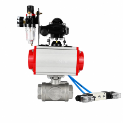 Кран шаровой BV3232P(4pc)-SP-3WL-T-ISO-H WDVF Ду32 Ру63 стандартнопроходной, 3-ходовой L-тип, внутренняя резьба, нержавеющая сталь AISI 316, PTFE, с пневмоприводом PA-DA-083, пневмораспределителем 4V320-08 AC220V, БКВ APL-210N и БПВ AFC2000