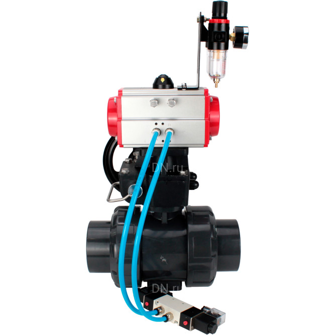 Кран шаровой BV4242E-FP-GRM-ISO Дн20 Ру10 полнопроходной, корпус - НПВХ, шар - НПВХ, уплотнение - EPDM, с пневмоприводом PA-DA-052, пневмораспределителем 4V320-08 AC220V, ручным дублером MON1-250-T26-ISO и БПВ AFC2000 в Барнауле