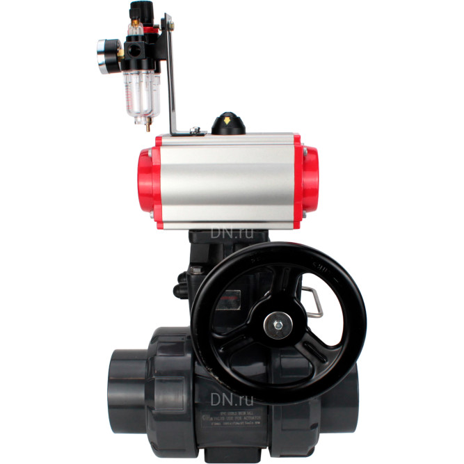Кран шаровой BV4242E-FP-GRM-ISO Дн20 Ру10 полнопроходной, корпус - НПВХ, шар - НПВХ, уплотнение - EPDM, с пневмоприводом PA-DA-052, пневмораспределителем 4V320-08 AC220V, ручным дублером MON1-250-T26-ISO и БПВ AFC2000 в Барнауле