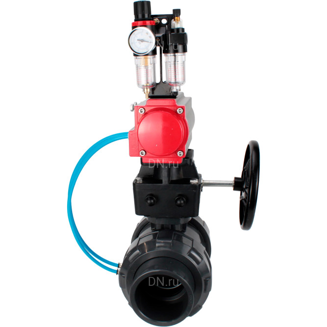 Кран шаровой BV4242E-FP-GRM-ISO Дн20 Ру10 полнопроходной, корпус - НПВХ, шар - НПВХ, уплотнение - EPDM, с пневмоприводом PA-DA-052, пневмораспределителем 4V320-08 AC220V, ручным дублером MON1-250-T26-ISO и БПВ AFC2000 в Барнауле