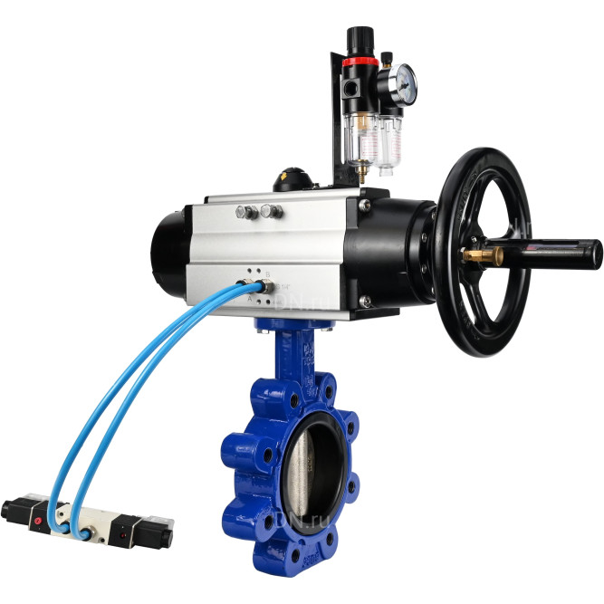Затвор дисковый поворотный WBV1616N-2W-Fb-H Ду125 Ру16 LUG корпус - чугун QT450, диск - чугун QT450, уплотнение - NBR, с пневмоприводом PA-DA-105-1, пневмораспределителем 4V320-10 AC220V и БПВ AFC2000 в Барнауле