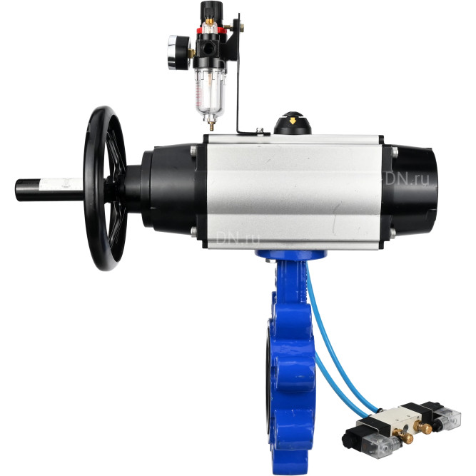 Затвор дисковый поворотный WBV1616N-2W-Fb-H Ду125 Ру16 LUG корпус - чугун QT450, диск - чугун QT450, уплотнение - NBR, с пневмоприводом PA-DA-105-1, пневмораспределителем 4V320-10 AC220V и БПВ AFC2000 в Барнауле