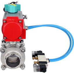 Кран шаровой BV3232P(3pc)-FP-W-ISO-H WDVF Ду25 Ру63 полнопроходной, трехсоставной, корпус - нержавеющая сталь 316, PTFE, под приварку, с пневмоприводом PA-DA-052, пневмораспределителем 4V320-10 AC220V и магнитным переключателем ALS200D