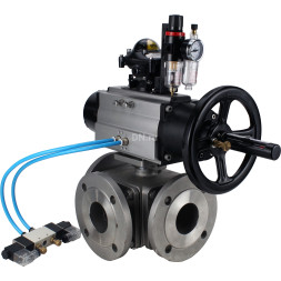 Кран шаровой BV3232P(4pc)-FP-3WL-F Ду100 Ру16 полнопроходной трехходовой, фланцевый, корпус - нержавеющая сталь SS316, с пневмоприводом PA-DA-105-1, пневмораспределителем 4V320-08 AC220V, БКВ APL-210N и БПВ AFC2000