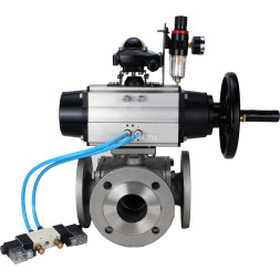 Кран шаровой BV3232P(4pc)-FP-3WL-F Ду100 Ру16 полнопроходной трехходовой, фланцевый, корпус - нержавеющая сталь SS316, с пневмоприводом PA-DA-105-1, пневмораспределителем 4V320-08 AC220V, БКВ APL-210N и БПВ AFC2000