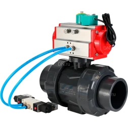 Кран шаровой BV4242E-FP-GRM-ISO Дн40 Ру10 полнопроходной, корпус - НПВХ, шар - НПВХ, уплотнение - EPDM, с пневмоприводом PA-SA-065, пневмораспределителем 4V320-08 AC220V и магнитным переключателем ALS200D