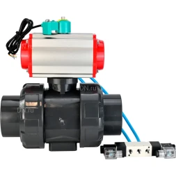 Кран шаровой BV4242E-FP-GRM-ISO Дн40 Ру10 полнопроходной, корпус - НПВХ, шар - НПВХ, уплотнение - EPDM, с пневмоприводом PA-SA-065, пневмораспределителем 4V320-08 AC220V и магнитным переключателем ALS200D