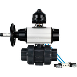 Кран шаровой BV4242E-FP-GRM-ISO Дн65 Ру10 полнопроходной, корпус - НПВХ, шар - НПВХ, уплотнение - EPDM, с пневмоприводом PA-DA-105-1, пневмораспределителем 4V320-10 AC220V и БКВ APL-510N EX
