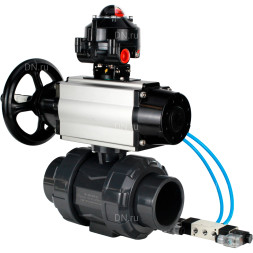 Кран шаровой BV4242E-FP-GRM-ISO Дн65 Ру10 полнопроходной, корпус - НПВХ, шар - НПВХ, уплотнение - EPDM, с пневмоприводом PA-DA-105-1, пневмораспределителем 4V320-10 AC220V и БКВ APL-510N EX