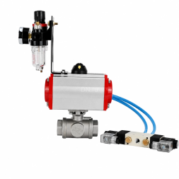 Кран шаровой BV3232P(4pc)-SP-3WT-T-ISO-H WDVF Ду25 Ру63 стандартнопроходной, 3-ходовой Т-тип, внутренняя резьба, нержавеющая сталь AISI 316, PTFE, с пневмоприводом PA-DA-065, пневмораспределителем 4V320-08 AC220V и БПВ AFC2000