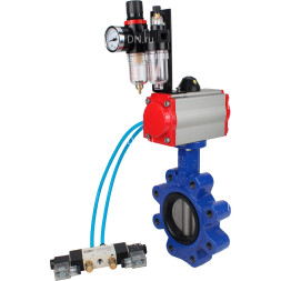 Затвор дисковый поворотный WBV1631N-2W-Fb-H Ду80 Ру16 LUG, корпус - чугун QT450, диск - нержавеющая сталь 304, уплотнение - NBR, с пневмоприводом PA-DA-083, пневмораспределителем 4M320-08 AC220V и БПВ AFC2000