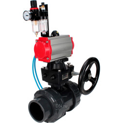 Кран шаровой BV4242E-FP-GRM-ISO Дн65 Ру10 полнопроходной, корпус - НПВХ, шар - НПВХ, уплотнение - EPDM, с пневмоприводом PA-DA-065, пневмораспределителем 4V320-08 AC220V, ручным дублером MON1-250-T26-ISO и БПВ AFC2000