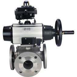 Кран шаровой BV3232P(4pc)-FP-3WL-F Ду100 Ру16 полнопроходной трехходовой, фланцевый, корпус - нержавеющая сталь SS316, с пневмоприводом PA-DA-105-1 двойного действия, пневмораспределителем 4M310-08 AC220V и БКВ APL-410N EX