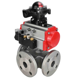 Кран шаровой BV3232P(4pc)-FP-3WL-F Ду20 Ру16 полнопроходной трехходовой, фланцевый, корпус - нержавеющая сталь SS316, с пневмоприводом PA-DA-052 двойного действия, пневмораспределителем 4M310-08 DC24V и БКВ APL-210N