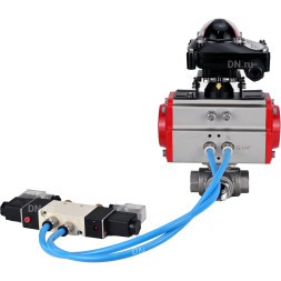 Кран шаровой BV3232P(4pc)-SP-3WL-T-ISO-H Ду50 Ру63, стандартнопроходной, четырехсоставной, корпус - нержавеющая сталь 316, уплотнение - PTFE, внутренняя резьба, с пневмоприводом PA-DA-065, пневмораспределителем 4V320-10 AC220V, БКВ APL-210N
