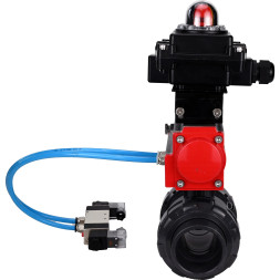 Кран шаровой BV4242E-FP-GRM-ISO Дн80 Ру10 полнопроходной, корпус - НПВХ, шар - НПВХ, уплотнение - EPDM, с пневмоприводом PA-DA-065, пневмораспределителем 4V320-08 AC220V и БКВ APL-410N EX