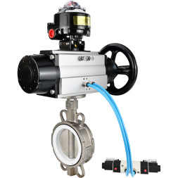 Затвор дисковый поворотный WBV3232P-2W-Fb-H Ду125 Ру16, корпус - нержавеющая сталь 316L, диск - нержавеющая сталь 316L, уплотнение - PTFE, с пневмоприводом PA-DA-105-1 двойного действия, с пневмораспределителем 4V320-08 AC220V, с БКВ APL-510N EX