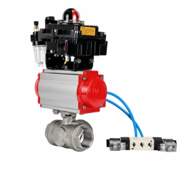 Кран шаровой BV3232P(4pc)-SP-3WL-T-ISO-H WDVF Ду32 Ру63 стандартнопроходной, 3-ходовой L-тип, внутренняя резьба, нержавеющая сталь AISI 316, PTFE, с пневмоприводом PA-DA-083, пневмораспределителем 4V320-10 AC220V, БКВ APL-410N EX и БПВ AFC2000