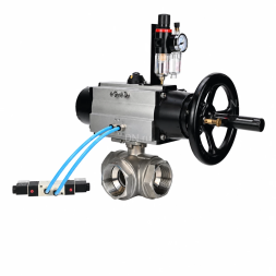 Кран шаровой BV3232P(4pc)-SP-3WL-T-ISO-H WDVF Ду65 Ру40 стандартнопроходной, 3-ходовой L-тип, внутренняя резьба, нержавеющая сталь AISI 316, PTFE, с пневмоприводом PA-DA-105-1, пневмораспределителем 4V320-08 AC220V и БПВ AFC2000