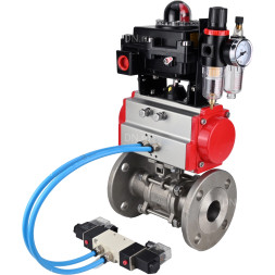 Кран шаровой BV3131P(3pc)-FP-F-ISO-H Ду20 Ру40, трехсоставной полнопроходной фланцевый, нержавеющая сталь SS304, PTFE, с пневмоприводом PA-SA-065 с возвратными пружинами, с пневмораспределителем 4V320-08 AC220V, с БКВ APL-410N EX, с БПВ AFC2000