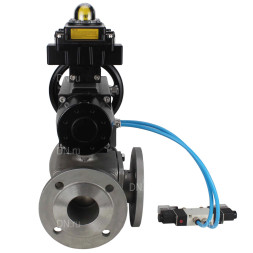 Кран шаровой BV3232P(4pc)-FP-3WL-F Ду100 Ру16 полнопроходной трехходовой, фланцевый, корпус - нержавеющая сталь SS316, с пневмоприводом PA-DA-105-1 двойного действия, пневмораспределителем 4V320-08 AC220V и БКВ APL-410N EX