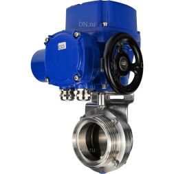 Затвор дисковый поворотный WBV3131E-2W-T-H Ду32 Ру10 резьбовой, корпус - пищевая нержавеющая сталь 304, уплотнение - EPDM, с электроприводом QT-N-005M-O2-380VAC-У1 с моментной муфтой и штурвалом