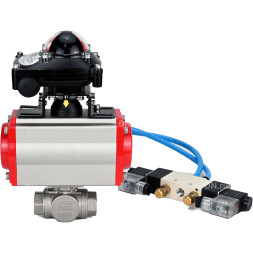 Кран шаровой BV3232P(4pc)-SP-3WL-T-ISO-H Ду80 Ру40, стандартнопроходной, четырехсоставной, корпус - нержавеющая сталь 316, уплотнение - PTFE, внутренняя резьба, с пневмоприводом PA-DA-083, пневмораспределителем 4V320-10 AC220V, БКВ APL-210N