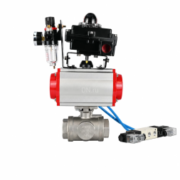Кран шаровой BV3232P(4pc)-SP-3WL-T-ISO-H WDVF Ду40 Ру63 стандартнопроходной, 3-ходовой L-тип, внутренняя резьба, нержавеющая сталь AISI 316, PTFE, с пневмоприводом PA-DA-083, пневмораспределителем 4V320-10 AC220V, БКВ APL-410N EX и БПВ AFC2000