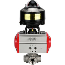Кран шаровой BV3232P(4pc)-SP-3WL-T-ISO-H 1 1/4″ Ду32 Ру63 стандартнопроходной трехходовой L-тип, нержавеющая сталь SS316, внутренняя резьба, уплотнение - PTFE, с пневмоприводом PA-DA-52 и БКВ APL-510N-EX
