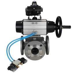 Кран шаровой BV3232P(4pc)-FP-3WL-F Ду100 Ру16 полнопроходной трехходовой, фланцевый, корпус - нержавеющая сталь SS316, с пневмоприводом PA-DA-105-1 двойного действия, пневмораспределителем 4V320-10 AC220V и БКВ APL-410N EX