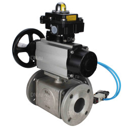 Кран шаровой BV3232P(4pc)-FP-3WL-F Ду100 Ру16 полнопроходной трехходовой, фланцевый, корпус - нержавеющая сталь SS316, с пневмоприводом PA-DA-105-1 двойного действия, пневмораспределителем 4V320-10 AC220V и БКВ APL-410N EX